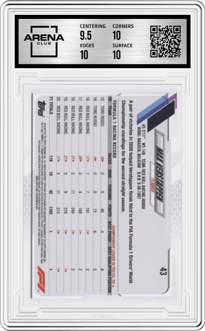 Max Verstappen from the 2021 Topps Chrome F1  set graded by Arena Club and given an overall grade of 10.