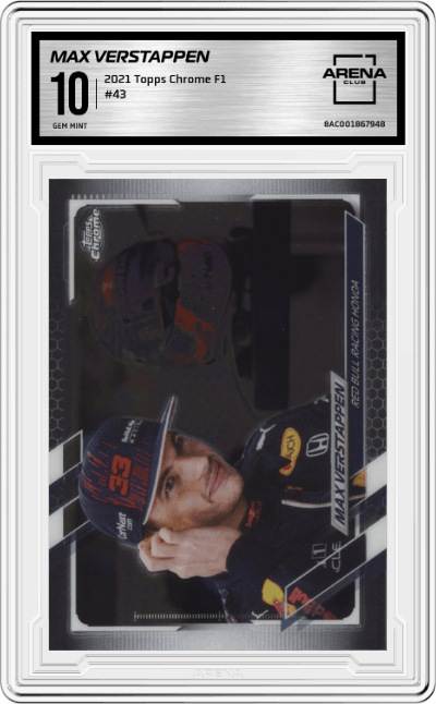 Max Verstappen from the 2021 Topps Chrome F1  set graded by Arena Club and given an overall grade of 10.