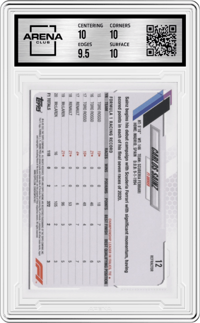 Carlos Sainz from the 2021 Topps Chrome F1  set featuring a Refractor parallel graded by Arena Club and given an overall grade of 10.