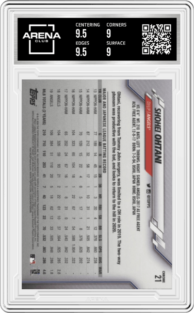Shohei Ohtani from the 2020 Topps Chrome set graded by Arena Club and given an overall grade of 9.5.