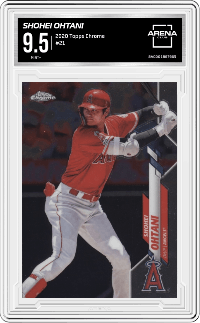 Shohei Ohtani from the 2020 Topps Chrome set graded by Arena Club and given an overall grade of 9.5.