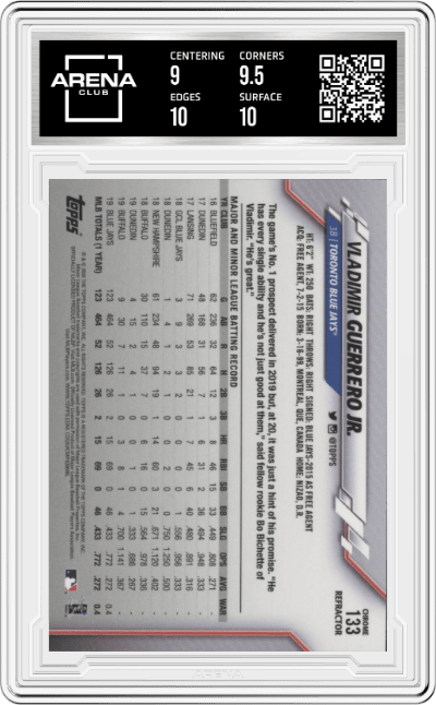 Vladimir Guerrero Jr. from the 2020 Topps Chrome set featuring a Refractor parallel graded by Arena Club and given an overall grade of 9.5.