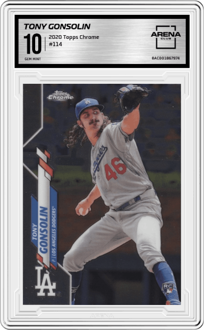 Tony Gonsolin from the 2020 Topps Chrome set graded by Arena Club and given an overall grade of 10.