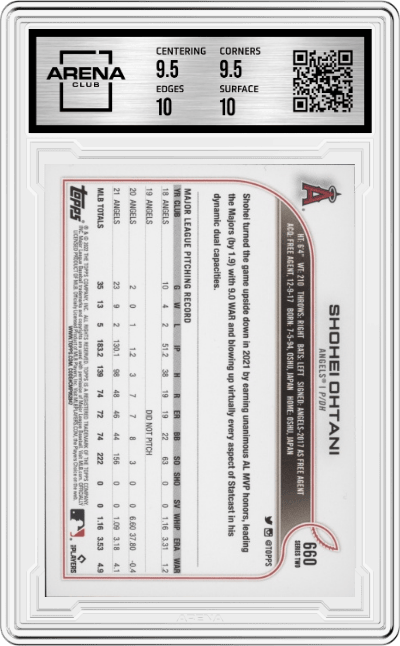 Shohei Ohtani from the 2022 Topps set graded by Arena Club and given an overall grade of 10.
