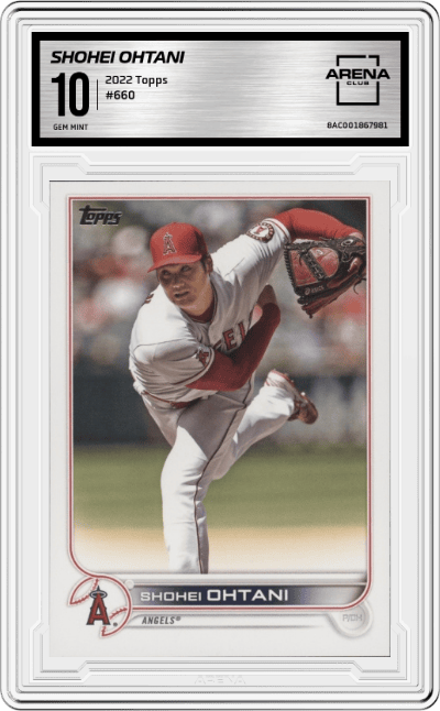 Shohei Ohtani from the 2022 Topps set graded by Arena Club and given an overall grade of 10.