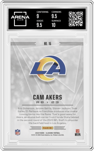 Cam Akers from the 2020 Panini Illusions set featuring a Retail parallel graded by Arena Club and given an overall grade of 9.5.