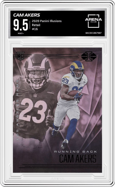 Cam Akers from the 2020 Panini Illusions set featuring a Retail parallel graded by Arena Club and given an overall grade of 9.5.