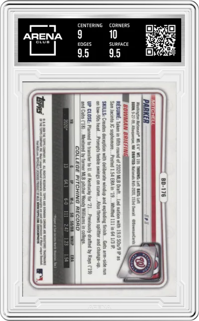 Mitchell Parker from the 2020 Bowman Draft set graded by Arena Club and given an overall grade of 9.5.