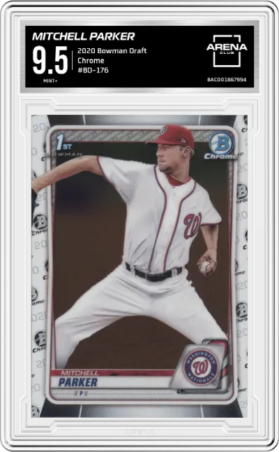 Mitchell Parker from the 2020 Bowman Draft set graded by Arena Club and given an overall grade of 9.5.