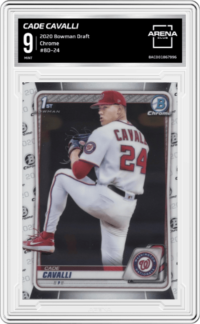 Cade Cavalli from the 2020 Bowman Draft set graded by Arena Club and given an overall grade of 9.