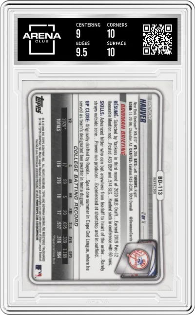 Trevor Hauver from the 2020 Bowman Draft set featuring a Refractor parallel graded by Arena Club and given an overall grade of 9.5.
