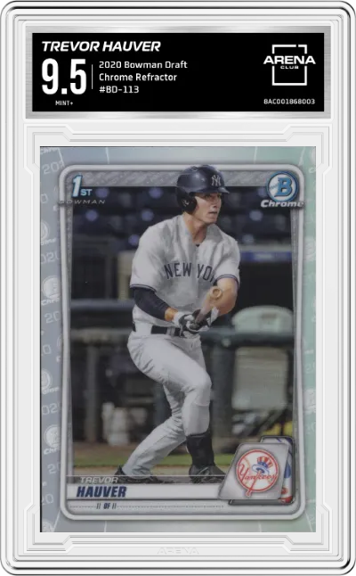 Trevor Hauver from the 2020 Bowman Draft set featuring a Refractor parallel graded by Arena Club and given an overall grade of 9.5.