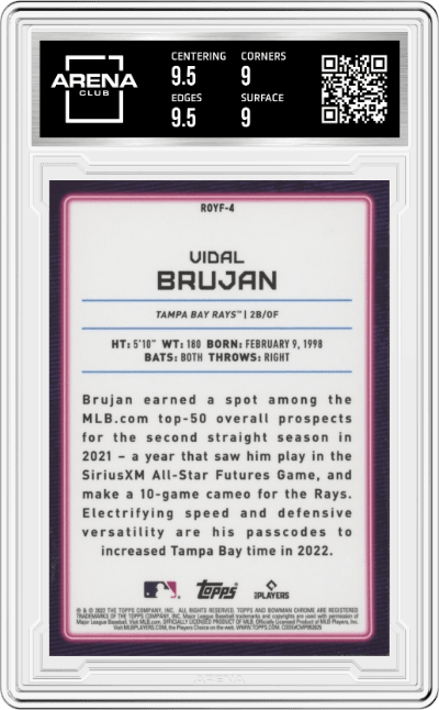 Vidal Brujan from the 2022 Bowman Mega Box set graded by Arena Club and given an overall grade of 9.5.