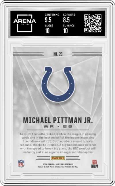 Michael Pittman Jr. from the 2020 Panini Illusions set featuring a Retail parallel graded by Arena Club and given an overall grade of 9.