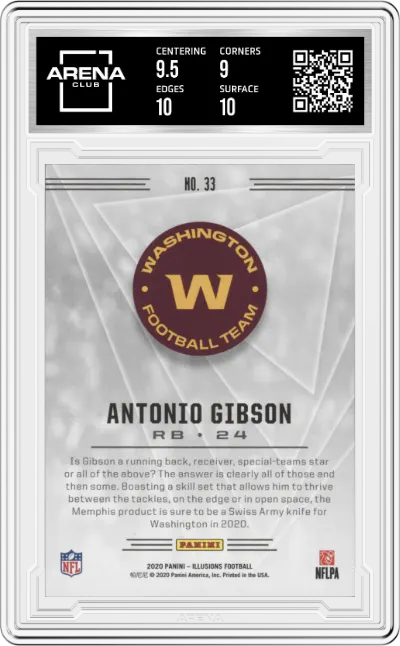 Antonio Gibson from the 2020 Panini Illusions set featuring a Retail parallel graded by Arena Club and given an overall grade of 9.5.