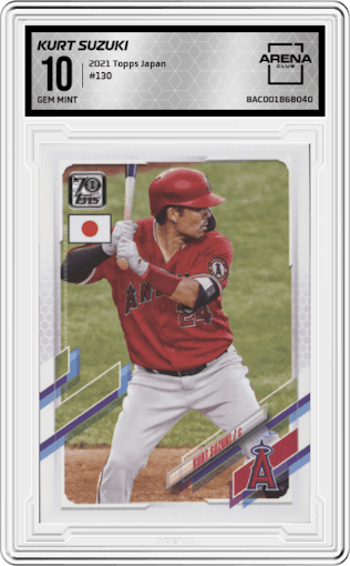 Kurt Suzuki from the 2021 Topps Baseball Japan Edition set graded by Arena Club and given an overall grade of 10.