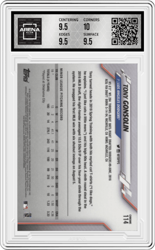 Tony Gonsolin from the 2020 Topps Chrome set graded by Arena Club and given an overall grade of 10.