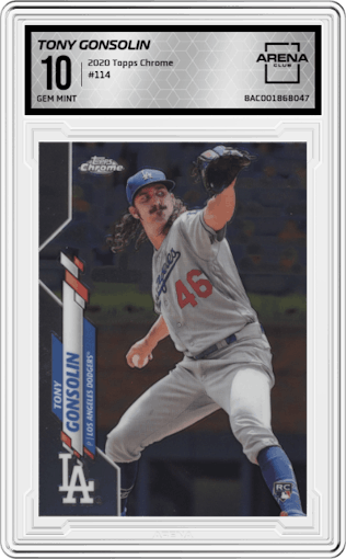 Tony Gonsolin from the 2020 Topps Chrome set graded by Arena Club and given an overall grade of 10.