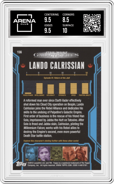 Lando Calrissian from the 2012 Topps Star Wars Galactic Files  set graded by Arena Club and given an overall grade of 9.