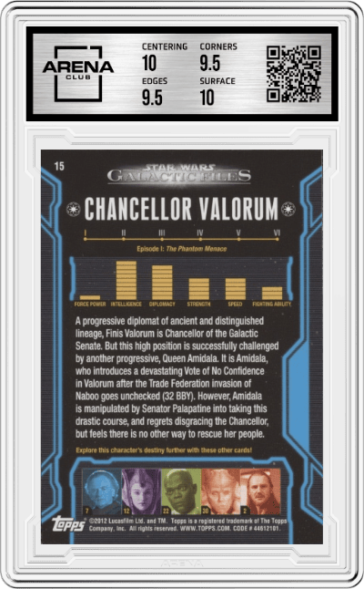 Chancellor Valorum from the 2012 Topps Star Wars Galactic Files  set graded by Arena Club and given an overall grade of 10.