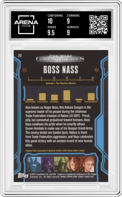 Boss Nass from the 2012 Topps Star Wars Galactic Files  set graded by Arena Club and given an overall grade of 9.5.