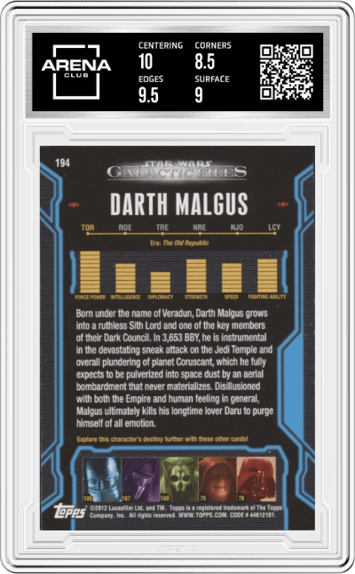 Darth Malgus from the 2012 Topps Star Wars Galactic Files  set graded by Arena Club and given an overall grade of 9.