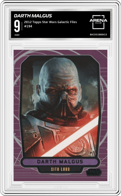 Darth Malgus from the 2012 Topps Star Wars Galactic Files  set graded by Arena Club and given an overall grade of 9.