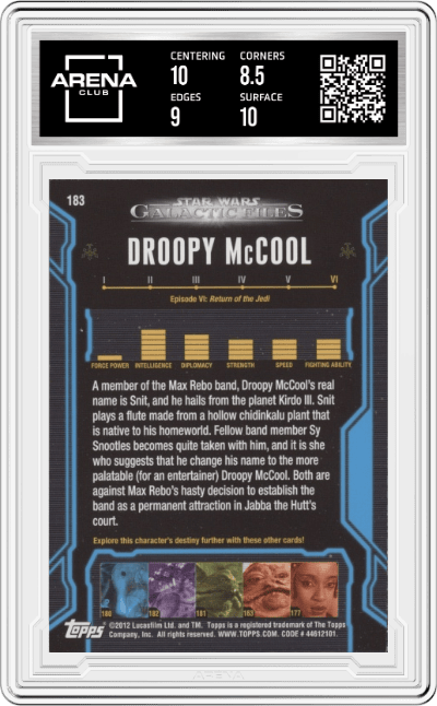 Droopy McCool from the 2012 Topps Star Wars Galactic Files  set graded by Arena Club and given an overall grade of 9.