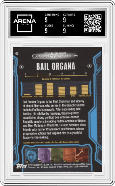 Bail Organa from the 2012 Topps Star Wars Galactic Files  set graded by Arena Club and given an overall grade of 9.