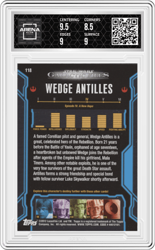 Wedge Antilles from the 2012 Topps Star Wars Galactic Files  set graded by Arena Club and given an overall grade of 9.