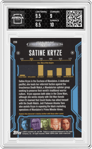Satine Kryze from the 2012 Topps Star Wars Galactic Files  set graded by Arena Club and given an overall grade of 9.