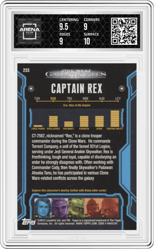 Captain Rex from the 2012 Topps Star Wars Galactic Files  set graded by Arena Club and given an overall grade of 9.5.