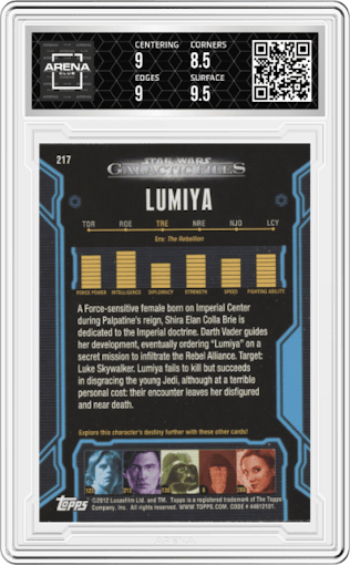 217 Lumiya from the 2012 Topps Star Wars Galactic Files  set graded by Arena Club and given an overall grade of 9.
