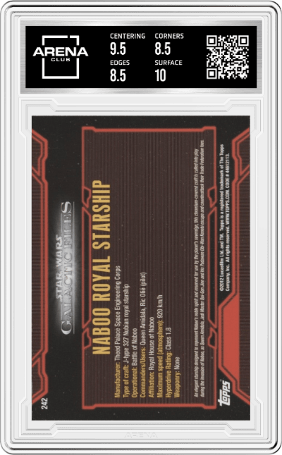 Naboo Royal Starship from the 2012 Topps Star Wars Galactic Files  set graded by Arena Club and given an overall grade of 9.