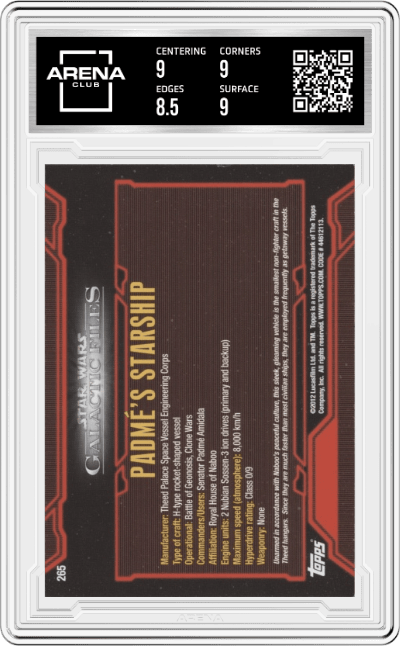 Padmé's Starship from the 2012 Topps Star Wars Galactic Files  set graded by Arena Club and given an overall grade of 9.