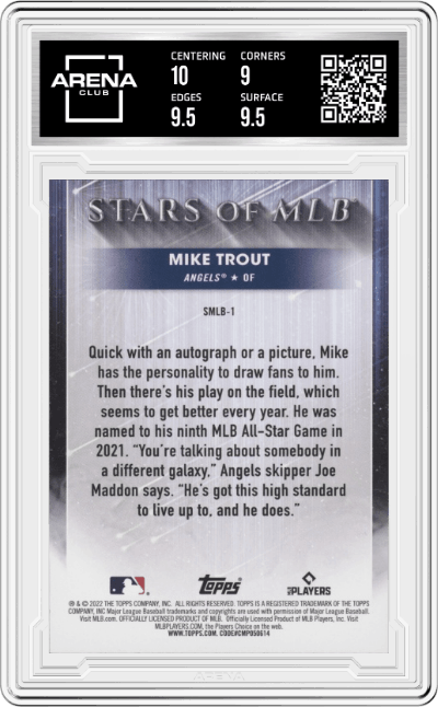 Mike Trout from the 2022 Topps   set graded by Arena Club and given an overall grade of 9.5.