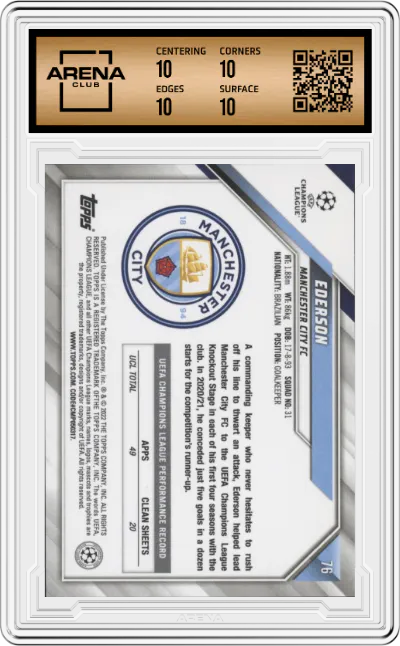 Ederson from the 2021-22 Topps Chrome S/E UEFA CL set graded by Arena Club and given an overall grade of 10.