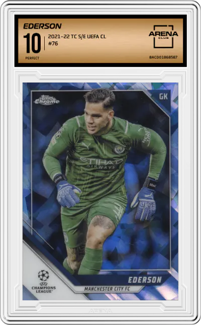 Ederson from the 2021-22 Topps Chrome S/E UEFA CL set graded by Arena Club and given an overall grade of 10.