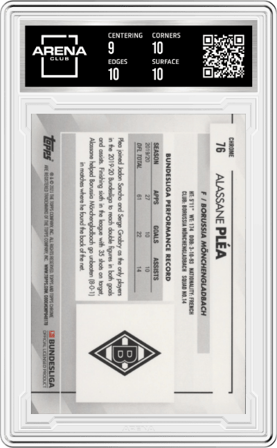 Alassane Plea from the 2020-21 Topps Chrome Sapphire Edition Bundesliga set graded by Arena Club and given an overall grade of 9.5.