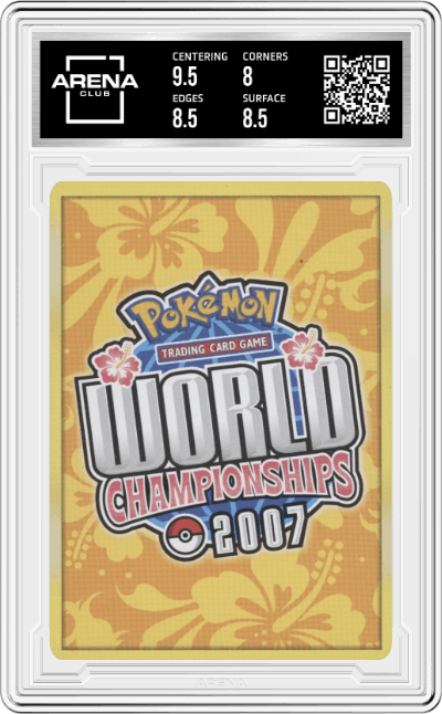 Rayquaza ex from the 2006 Pokemon EX  set featuring a World Champ parallel graded by Arena Club and given an overall grade of 8.5.