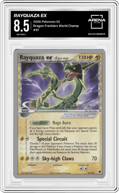 Rayquaza ex from the 2006 Pokemon EX  set featuring a World Champ parallel graded by Arena Club and given an overall grade of 8.5.