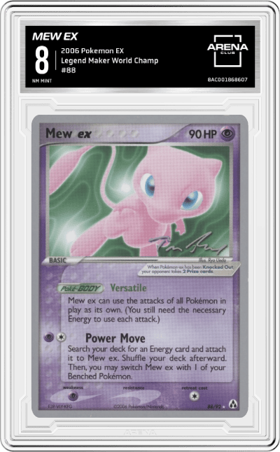 Mew ex from the 2006 Pokemon EX set featuring a World Champ parallel graded by Arena Club and given an overall grade of 8.