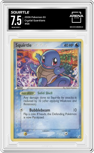 Squirtle from the 2006 Pokemon EX set graded by Arena Club and given an overall grade of 7.5.