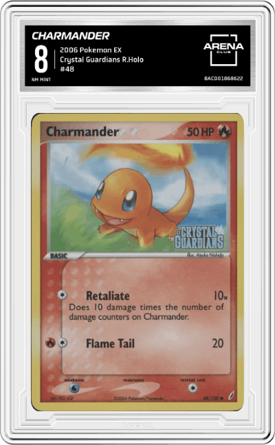 Charmander from the 2006 Pokemon EX set graded by Arena Club and given an overall grade of 8.