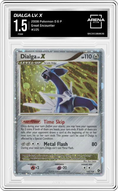 Dialga Lv. X from the 2008 Pokemon D & P set graded by Arena Club and given an overall grade of 1.5.