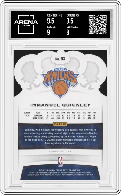 Immanuel Quickley from the 2020-21 Panini Crown Royale set graded by Arena Club and given an overall grade of 8.5.