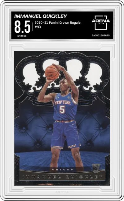 Immanuel Quickley from the 2020-21 Panini Crown Royale set graded by Arena Club and given an overall grade of 8.5.