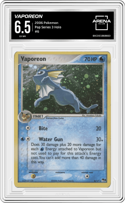 Vaporeon from the 2006 Pokemon set graded by Arena Club and given an overall grade of 6.5.