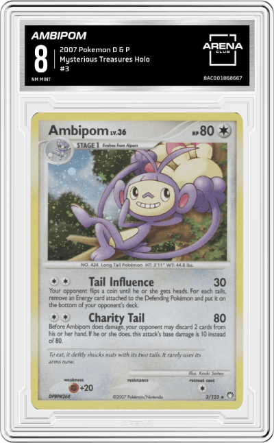 Ambipom from the 2007 Pokemon D & P set graded by Arena Club and given an overall grade of 8.