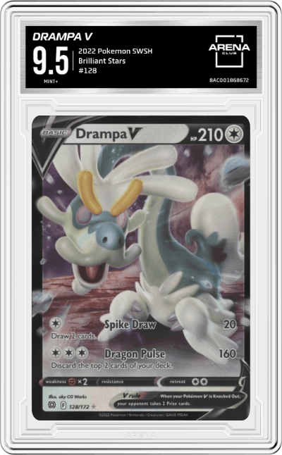 Drampa V from the 2022 Pokemon SWSH set graded by Arena Club and given an overall grade of 9.5.